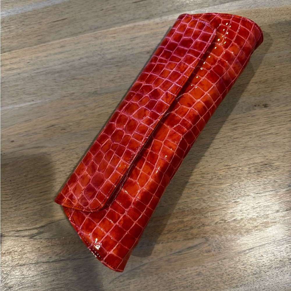 ABAS Red/Orange Croc-Embossed Patent Leather Envelope Clutch | Magnetic Closure - Picture 2 of 6